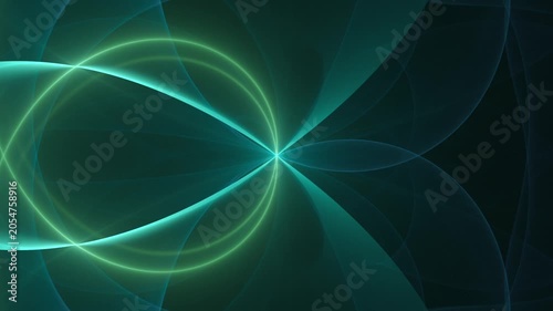 A glowing symmetrical teal and green fractal pulses with fluid curves around a bright center. It visually conveys a calming message of digital elegance and serene cosmic energy.