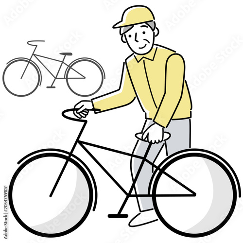 駐輪場で自転車を整理するシニア男性