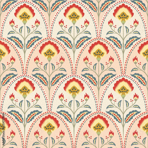 Vintage Persian Floral Chintz Ogee Damask Seamless Pattern with Stylized Carnations and Dotted Scale Arch