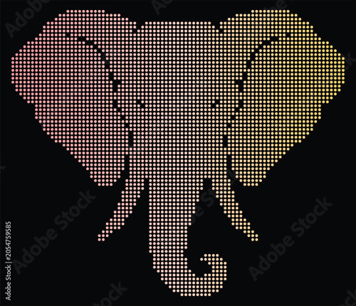 Elephant Head Silhouette Made of Pink and Yellow Dots on Black pixel art.