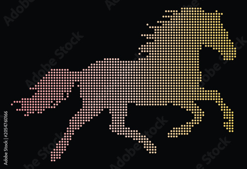 Running Horse Silhouette Made of Pink and Yellow Dots on Black pixel art.