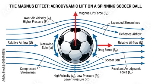 Precise scientific diagram illustration charting the magnus effect forces acting on a spinning kicked soccer