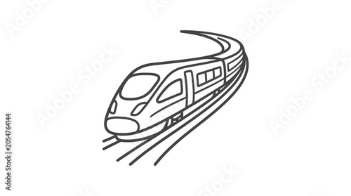 Fast commuter train on curved tracks line art icon.