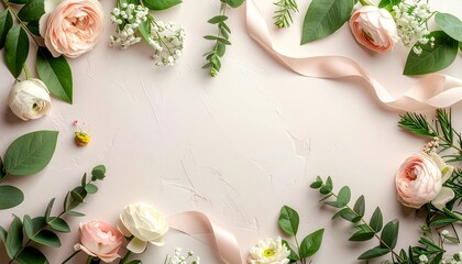 A beautiful arrangement of delicate pink and white roses, with eucalyptus leaves and ribbons, creating a soft and romantic floral border on a light pink background