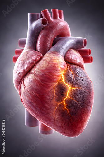 Heart anatomy lightning blood vessel cardiac organ medical disease 3D render of human heart with glowing crack, vein detail, dark background