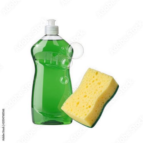 Green dish soap bottle with a yellow cleaning sponge isolated on transparent background