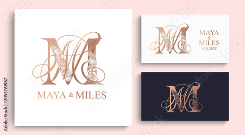 MM wedding crest monogram featuring intertwined decorative letters. Elegant logo design for weddings, invitations and event branding.