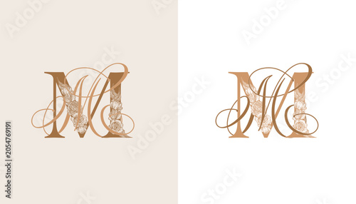 MM wedding crest monogram featuring intertwined decorative letters. Elegant logo design for weddings, invitations and event branding.