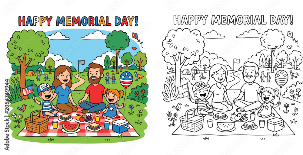 Fototapeta premium Happy Memorial Day Family Picnic Coloring Page for Kids, Patriotic Outdoor Park Celebration Illustration with Colored and Outline Versions.