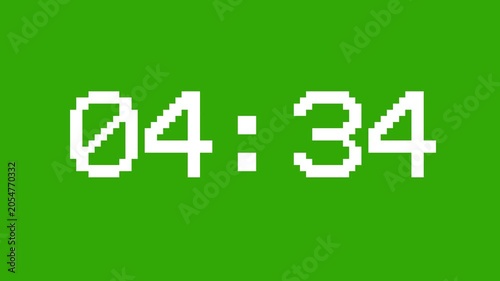 White pixelated 05:00 five minute digital timer counting down against a vibrant solid green background, a retro 8bit arcade style looped animation ideal for games and time limits.