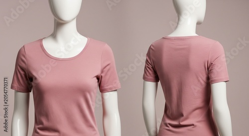 Pink short-sleeved t-shirt on a mannequin front and back view studio shot