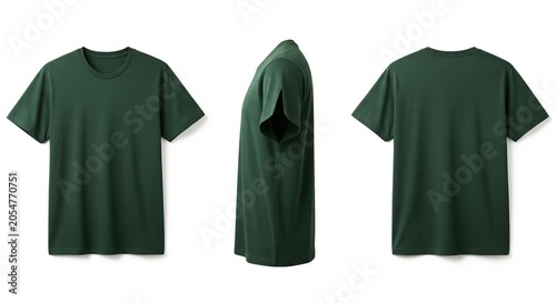 Plain dark green crew neck t-shirt shown from front side and back views on white background