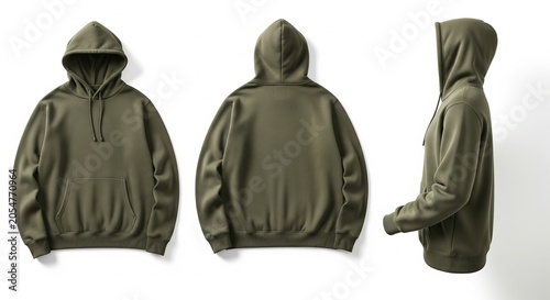 Plain olive green hoodie with drawstring and pocket shown from front back and side views