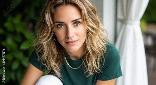 Portrait of a beautiful young woman with blonde wavy hair and green eyes wearing a green t-shirt looking at camera