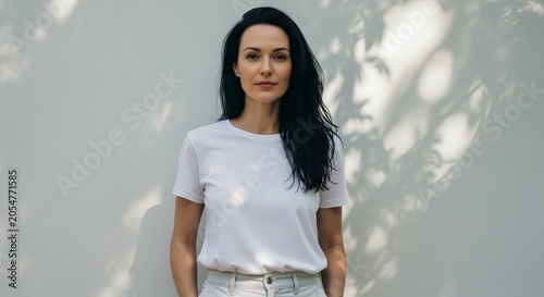 Portrait of a woman with dark hair wearing a white t-shirt and pants against a light wall with shadows