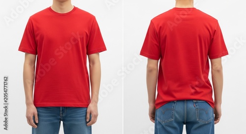 Red plain t-shirt front and back view on male models casual wear studio shot