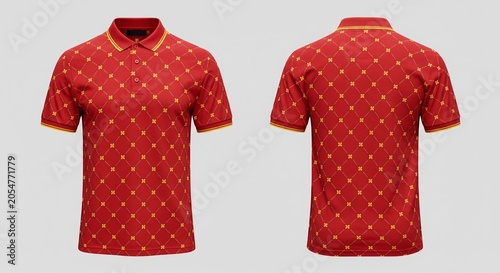 Red polo shirt with all-over gold diamond pattern front and back view studio isolated
