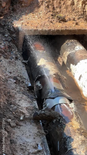 Broken heating pipe sprays water inside trench during utility accident, showing damaged insulation and emergency repair concept