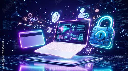 Futuristic cybersecurity illustration with a floating laptop, neon credit card, large digital padlock, fingerprint scanner, and shield icons representing online data protection and privacy.