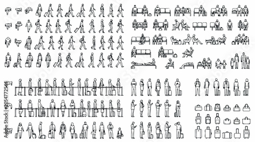 Architectural scale figures vector set, minimalist line drawing of people walking and sitting, black and white human silhouettes for floor plans