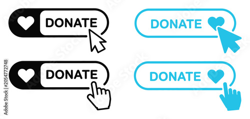 Donate Button Click icon set featuring charity support, online donation, fundraising and contribution symbols in editable vector style.