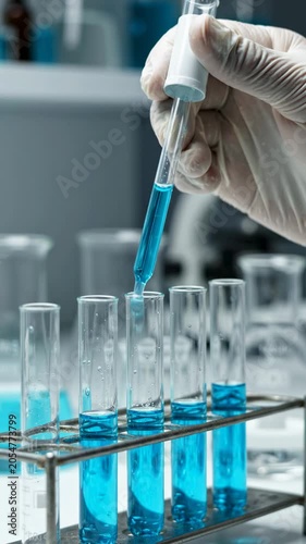 Scientist's hand in glove holding pipette over test tubes in laboratory setting.