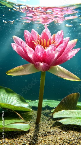 Vibrant pink lotus flower underwater scene.