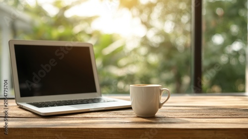 Modern workspace with laptop and coffee mug near window overlooking nature