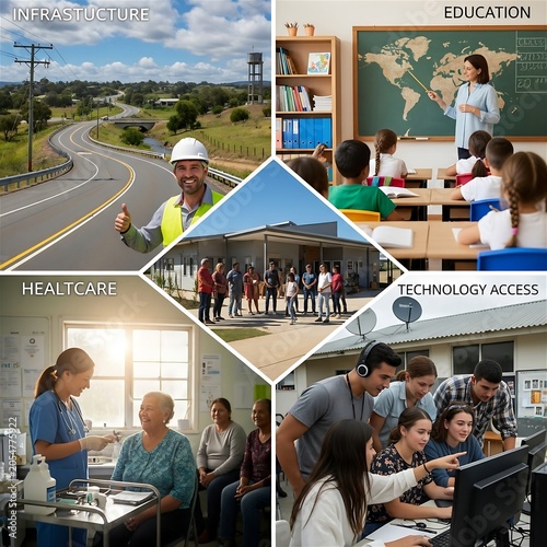 Collage of Diverse Scenes Representing Infrastructure, Education, Healthcare, and Technology Access