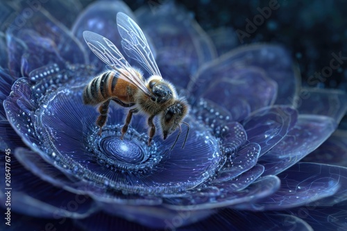 Quantum leap stylized bee phase-shifting through petal, sci-fi nature fusion