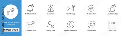 Foto social notifications icon line style alert message follower editable stroke vect