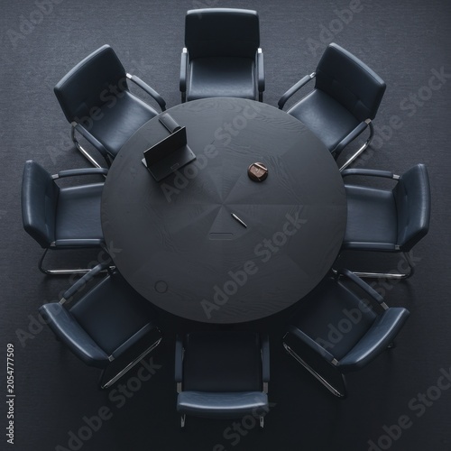 Round Wooden Conference Table with Leather Chairs in Symmetrical Office Arrangement for Business Management Meetings and Consultations with Top View Flat Lay