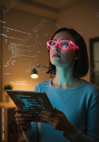 Focused Female Software Developer with Glowing Pink Glasses Holding Tablet Analyzing Complex Data Code Overlay in a Modern Home Office Interior Environment