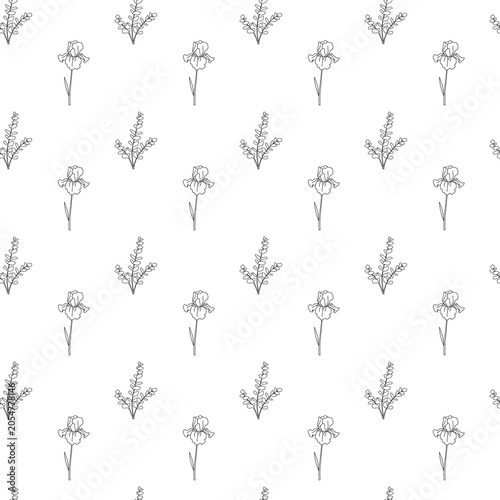 Fotografie Seamless floral pattern with alternating iris-like flowers and sprigs of round b