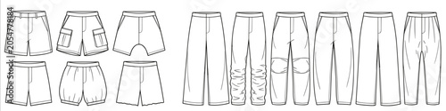 mens classic chino short pant and formal straight trouser flat sketch vector illustration front and back view technical cad drawing template transparent background