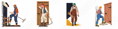 Bild auf Leinwand Flat vector illustrations of male farmers and agricultural workers performing manual tasks like raking, harvesting, and barn work on a white background