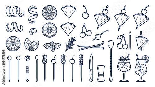 Fotografie Hand drawn cocktail garnish and barware icons collection