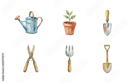 Watercolor gardening tools icons set, hand-drawn rustic garden equipment elements collection isolated on white background.