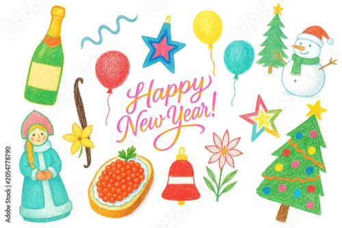 Happy New Year, Christmas, Party, colored pencils, watercolor, hand drawing