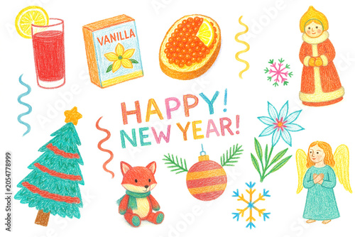 Happy New Year, Christmas, Party, colored pencils, watercolor, hand drawing