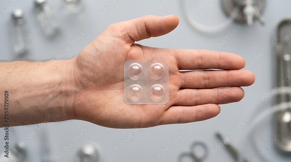 Fototapeta premium A hand holding a small transparent blister pack with four round medical pills inside.
