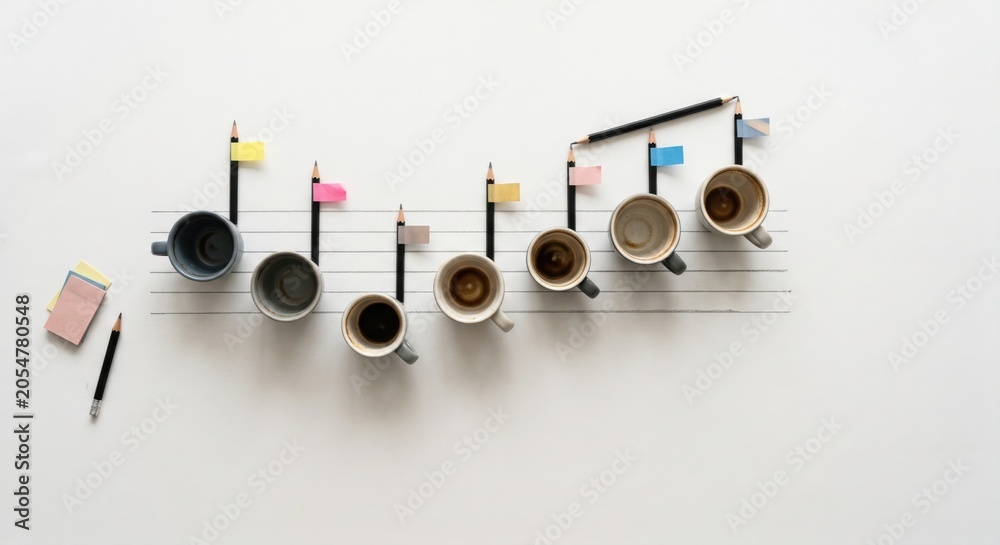 Fototapeta premium Creative musical notes composition using coffee cups and pencils on a white desk with copy space for office culture and workspace productivity marketing