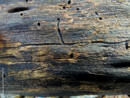 Close up of old weathered dark brown wood texture with cracks and holes   