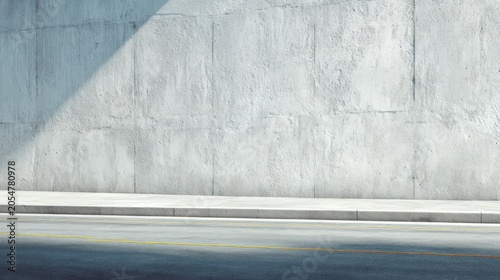 Sunlit concrete wall with a diagonal shadow on an empty street daytime