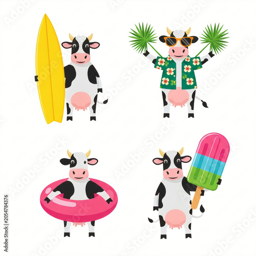 Cute summer cow vector character set with surfboard and popsicle