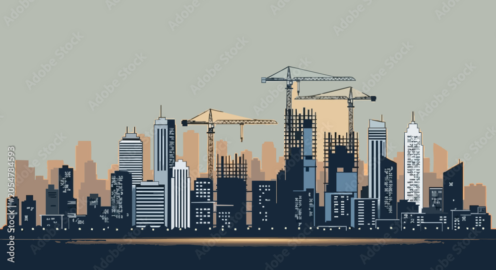 Obraz premium Modern city skyline with construction cranes at sunset urban landscape