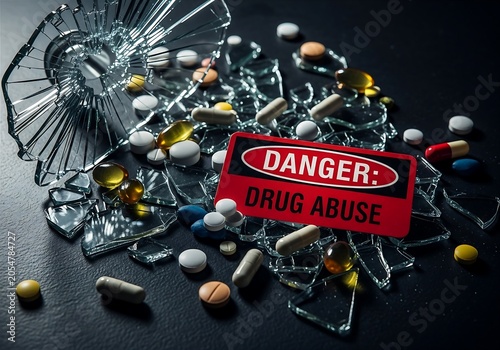 Danger Sign Drug Abuse Warning With Shattered Glass and Scattered Medication Pills
