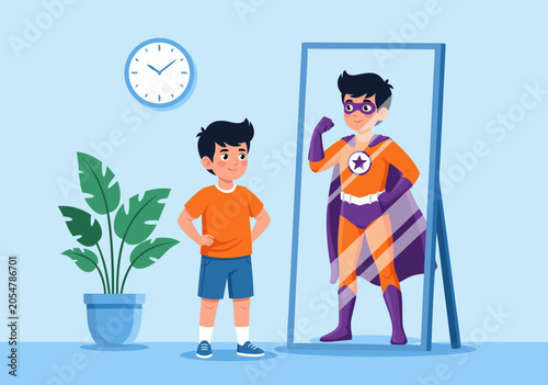 Obraz na plátně Little boy looking in a mirror and seeing himself as a superhero, symbolizing confidence and self-esteem