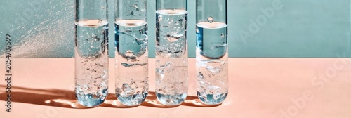 Row of glass test tubes with bubbling liquid arranged on a pink surface for science education, biotech startup marketing and pharmaceutical research with copy space