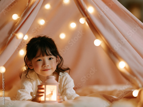 Girl Holding Lantern Inside Blanket Tent